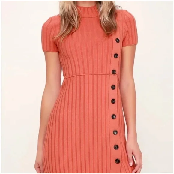 free people orange sweater dress Free People Orange Ribbed Short Sleeve Sweater Dress Sz Small